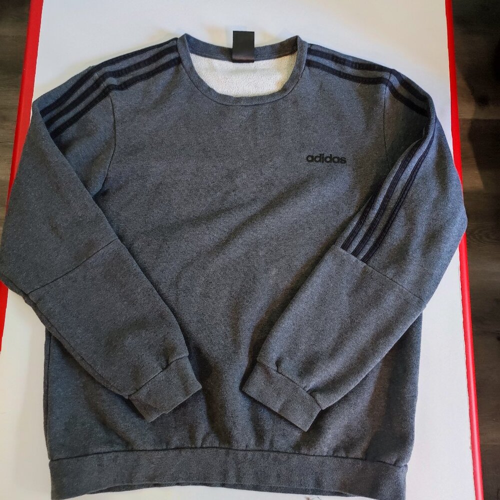 Adidas sweatshirt athletic wear dark grey with 3 black stripes men's size L